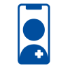 Blaues Symbol einer Person mit medizinischem Kreuz auf dem Oberkörper, dargestellt auf einem stilisierten Smartphone-Display.
