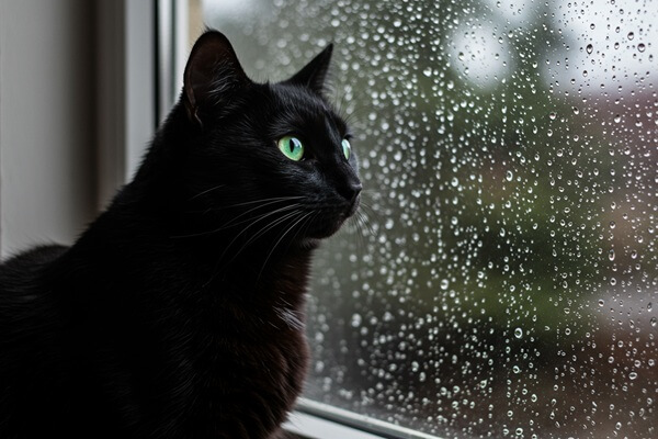 Schwarze Katze mit grünen Augen sitzt am Fenster und blickt durch die Scheibe, an der Regentropfen kleben